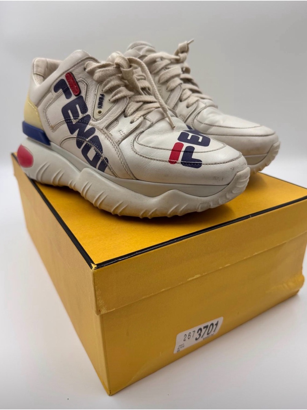 Fendi Cream Leather Chunky Sneakers with Blue and Red Accents